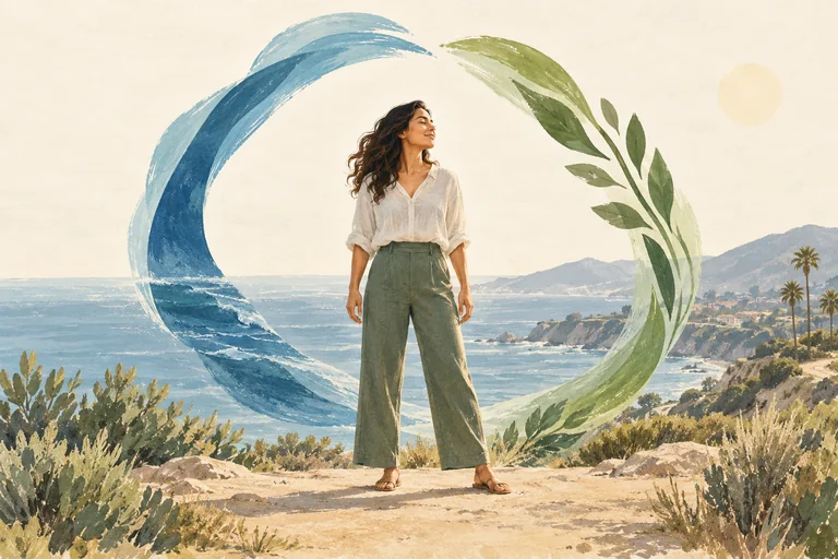 A person standing comfortably on a coastal path, framed by blue and green brushstrokes representing balance and connection.