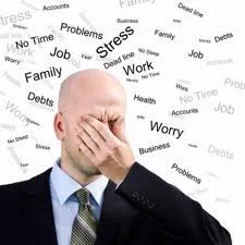 Original booklet photograph of a man with a tangle of lines above his head, illustrating everyday stress.