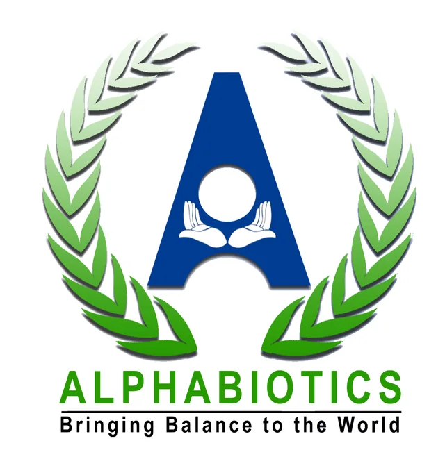 Alphabiotics emblem with a blue A and green laurel branches, reading “Alphabiotics — Bringing Balance to the World.”