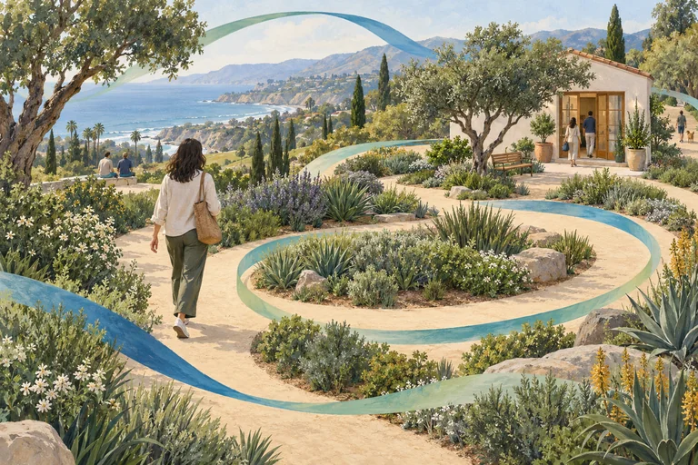 Illustration of a winding garden path and people returning to a studio, representing cycles and follow-up visits.