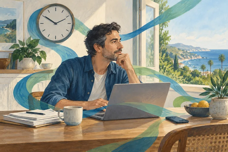 Illustration of a man at a table with a laptop, phone, papers and clock, representing competing daily demands.