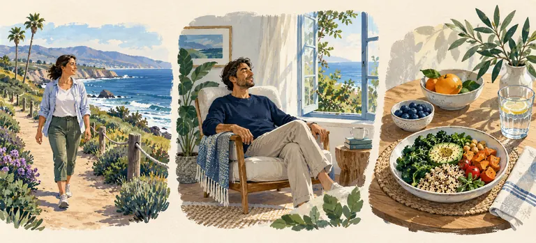 Three scenes showing a coastal walk, a quiet moment of rest and a nourishing meal, illustrating the booklet’s discussion of movement, rest and nutrition.