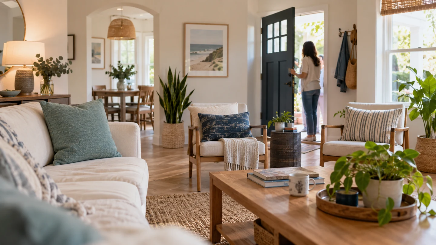 Illustrative sunlit living room prepared as a comfortable space for a home visit.