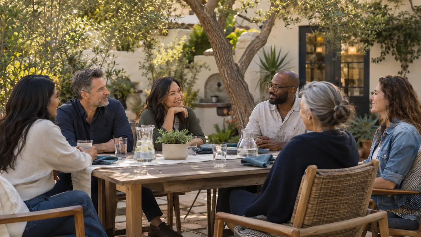 Illustrative adults gathering on a shaded patio for a relaxed private event.