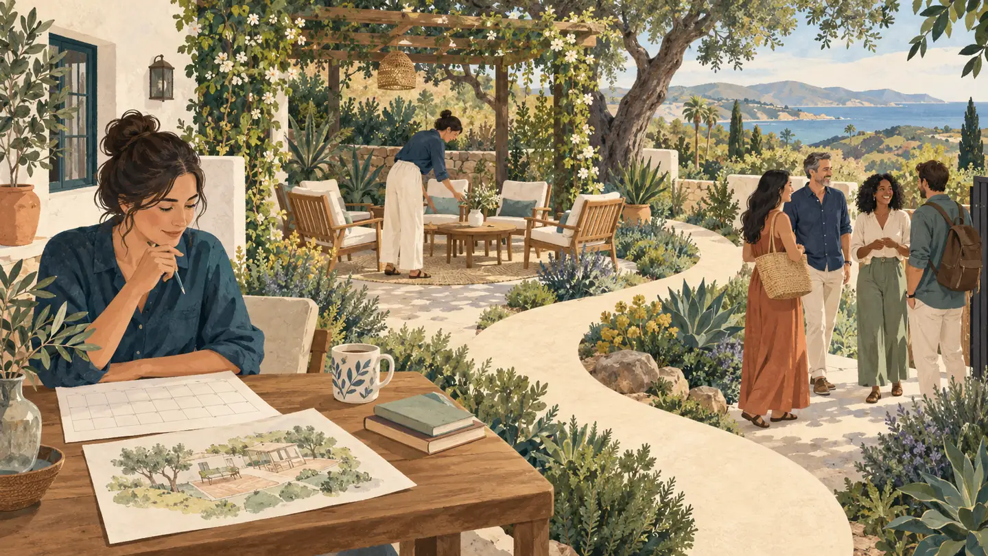 Illustration of planning a private gathering, preparing a venue and welcoming the group.