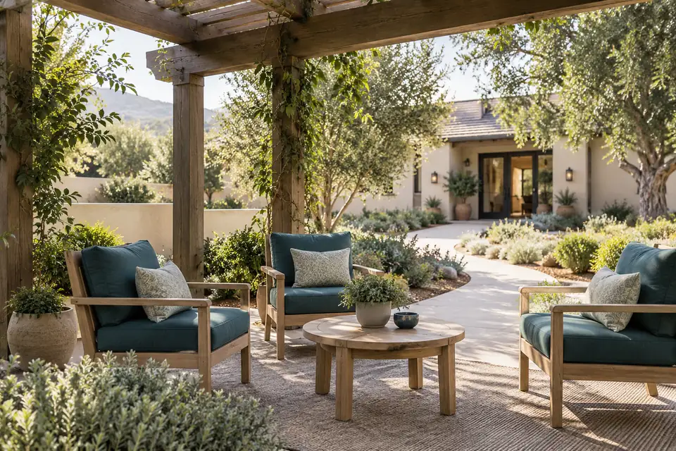 Illustrative retreat courtyard with a quiet seating area and a path through native plants.