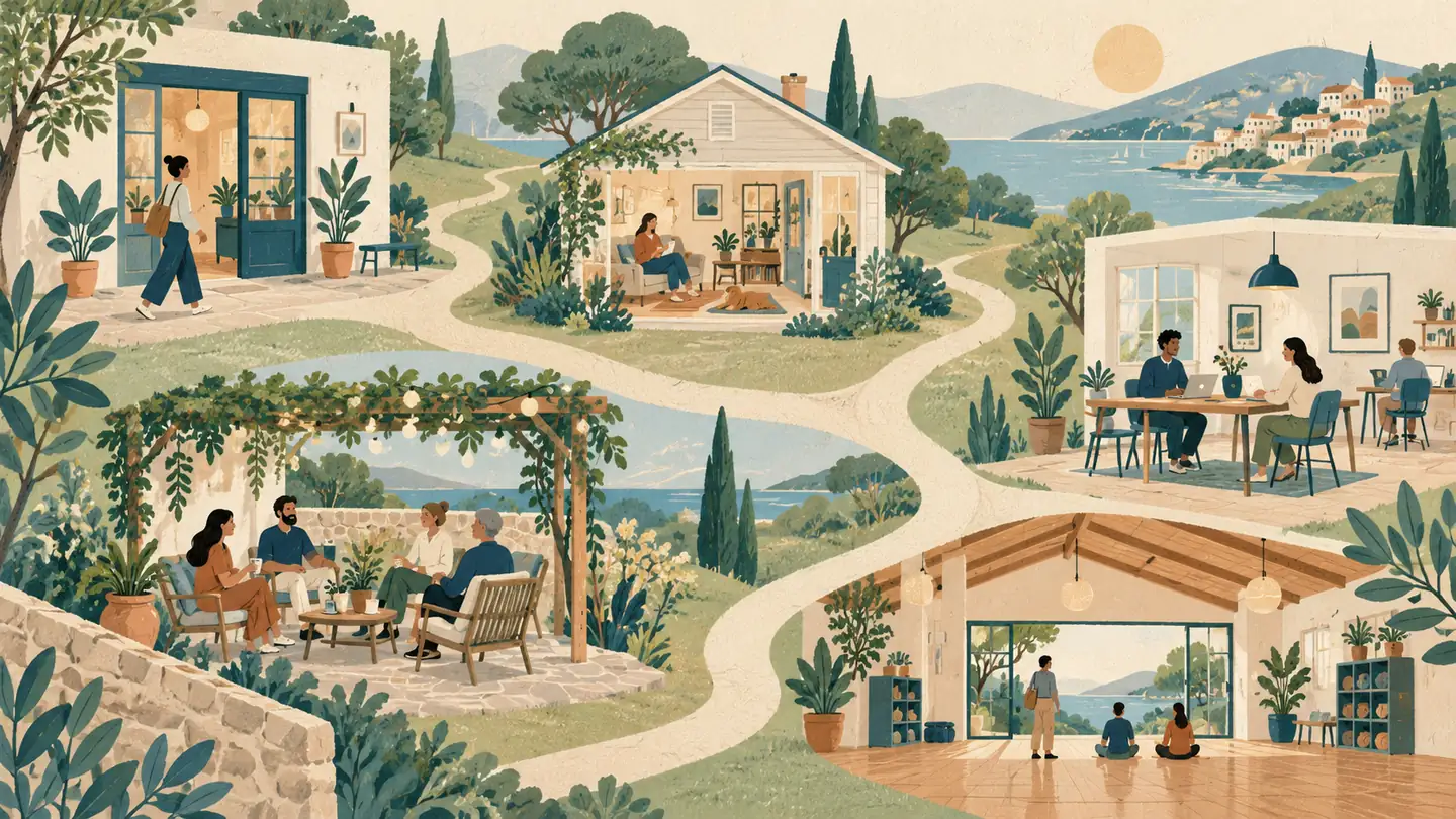 Illustration connecting a studio, home, workplace, outdoor gathering and community space.