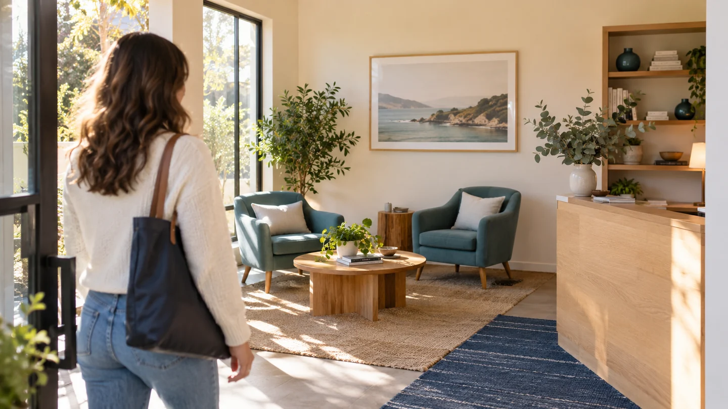 Illustrative visitor entering a warm studio reception with teal chairs and natural light.