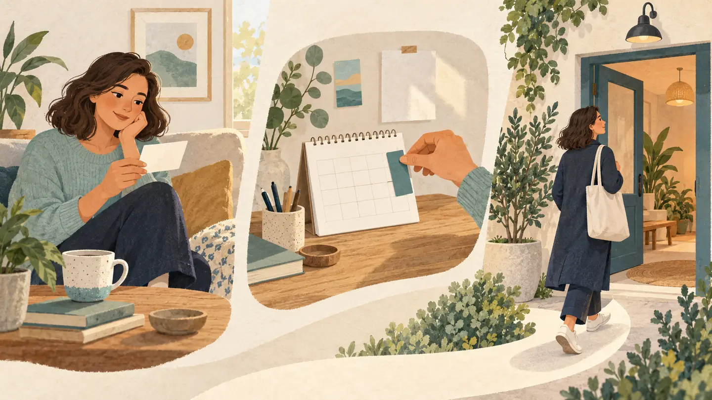 Illustration of choosing an appointment, planning the visit and arriving at a welcoming studio.