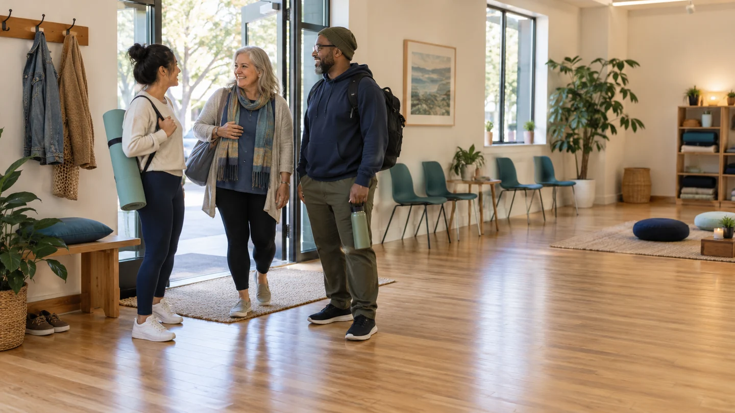Illustrative community wellness studio with adults arriving in a welcoming open space.