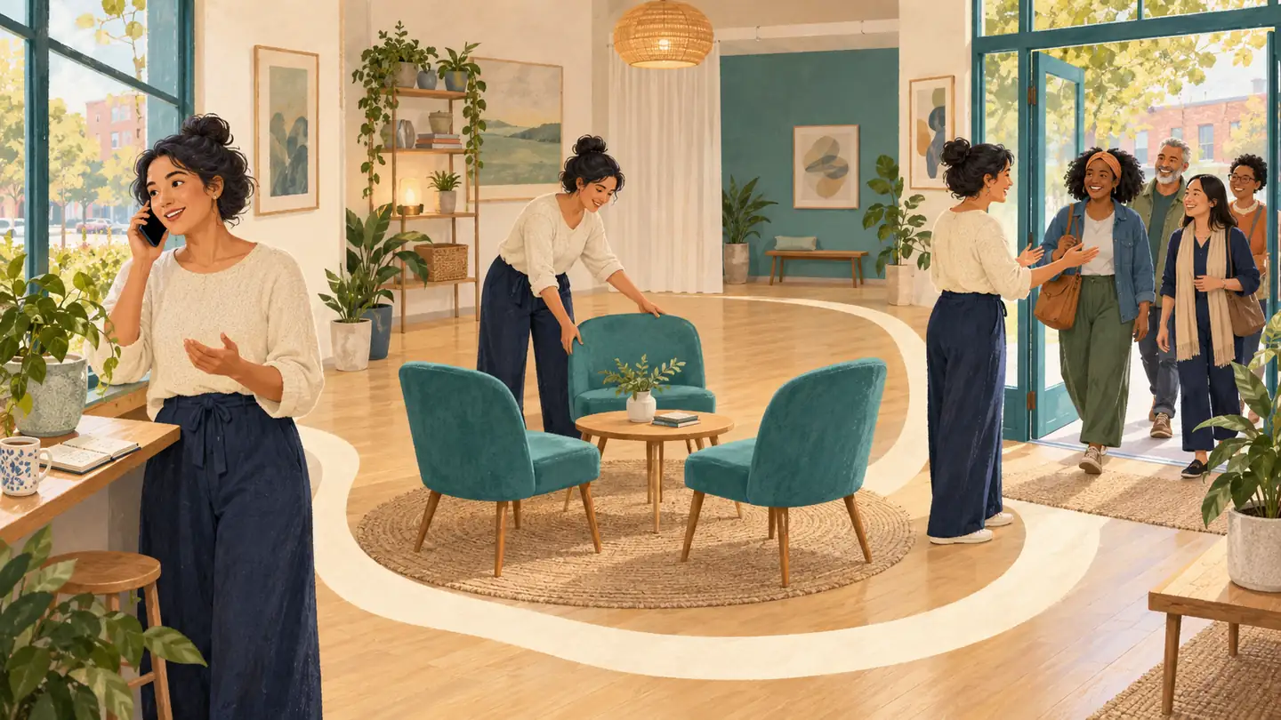 Illustration of a community host arranging a visiting experience and welcoming people into a studio.