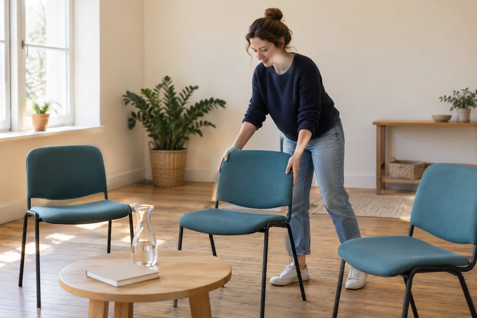 Illustrative community host arranging chairs in a bright multipurpose studio.