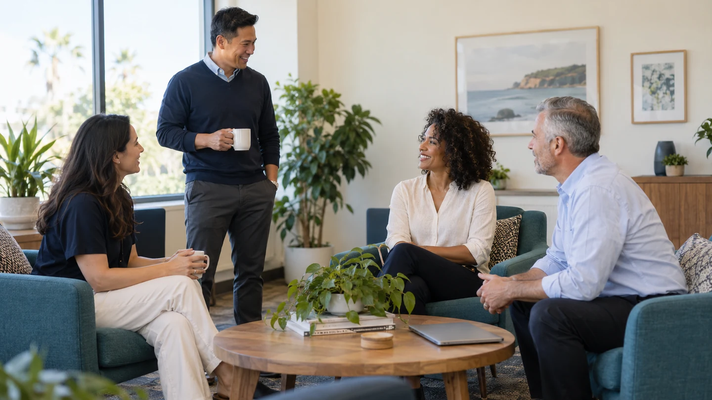 Illustrative colleagues talking in a bright workplace lounge during a break.