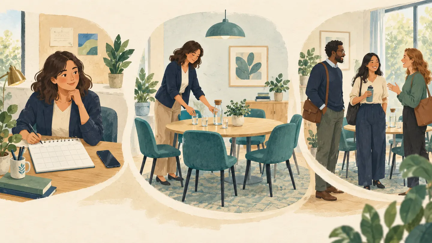Illustration of a workplace organizer planning a gathering, preparing the room and welcoming colleagues.