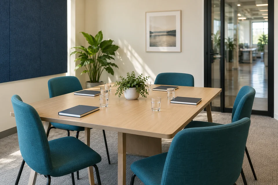 Illustrative meeting room arranged for a small workplace wellness gathering.